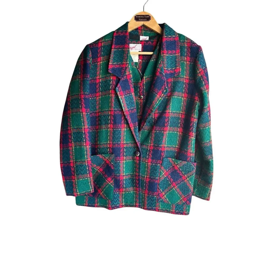 VTG Christmas Plaid Blazer & Vest Acrylic Knit G.W. Division Of Graff Size 10